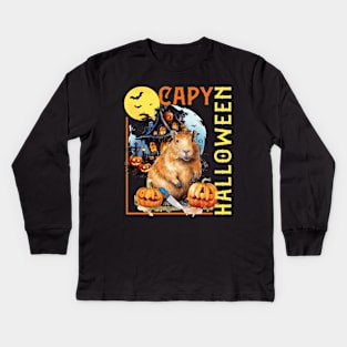 CAPY HALLOWEEN, CAPYBARA, PUMPKINS, BATS & HAUNTED HOUSE Kids Long Sleeve T-Shirt